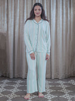 Women Mint Stripe Sleepwear Long Sleeve Pyjama Set