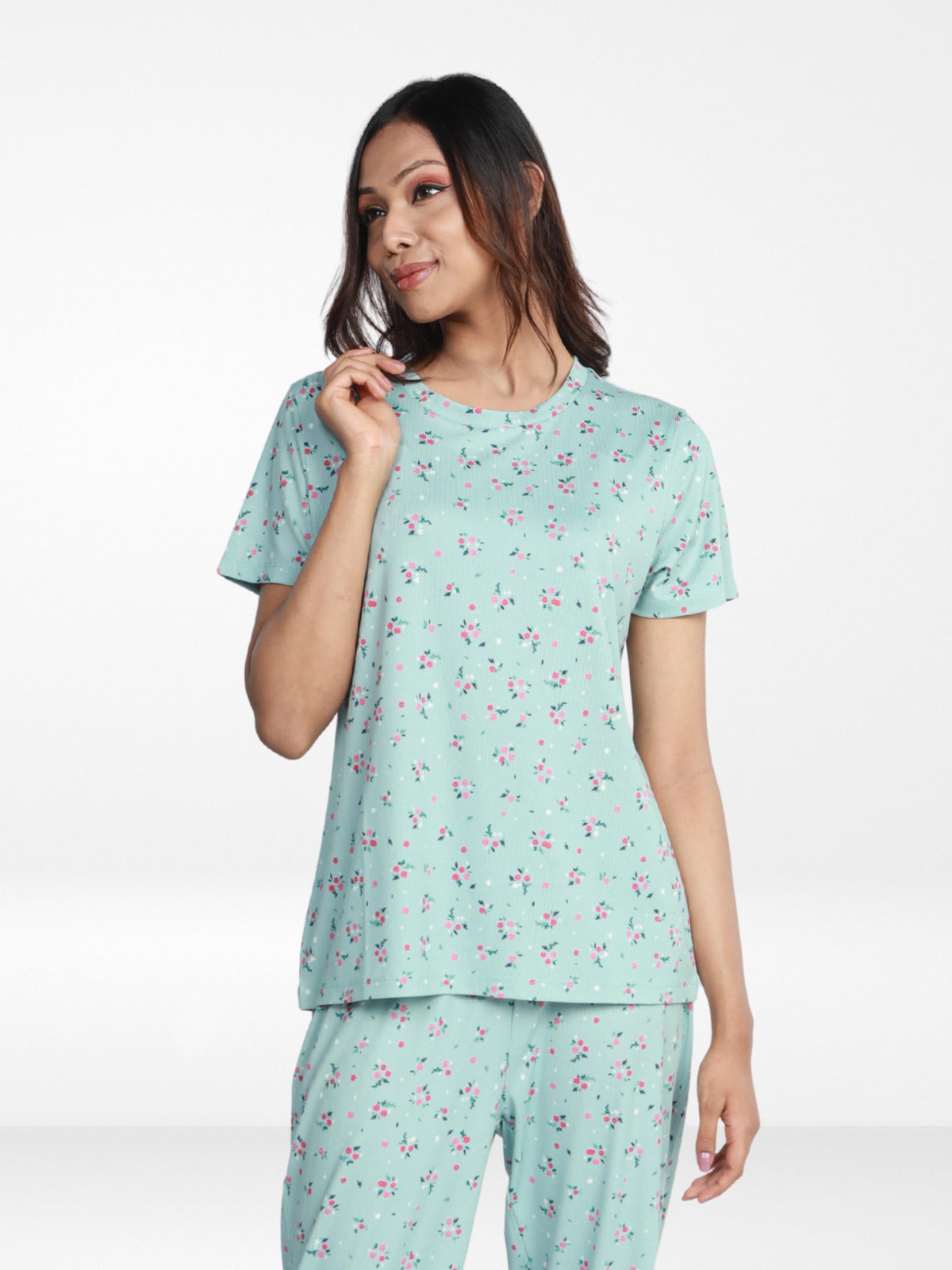 Women’s All Over Printed Short Sleeve Lounge Top | Soft Stretch Yummy Rib Fabric | Crew Neck Casual Sleepwear & Loungewear Top - Ether