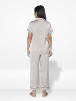 Satin Pajama Set for Women - Contrast Piping, Notch Collar, Button Down, Short Sleeve Long Pant