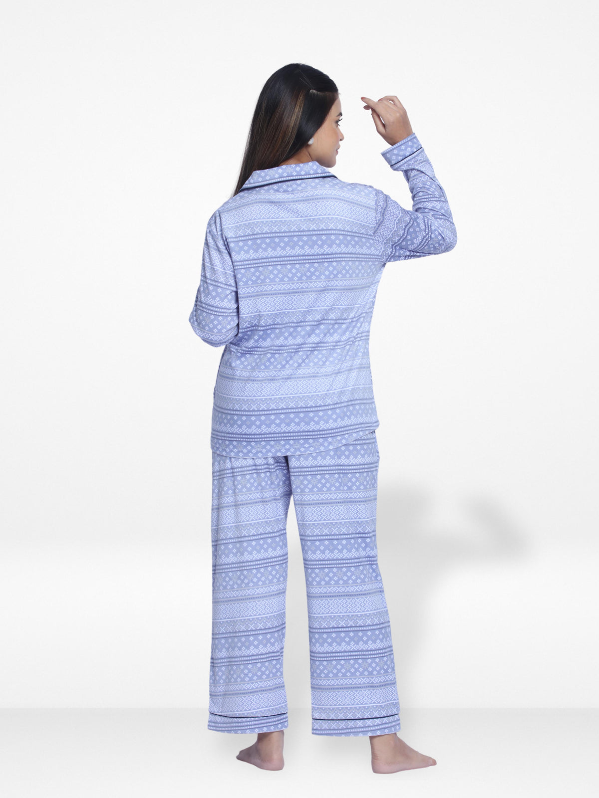 Women Velour Sleepwear Long Sleeve check print Pyjama Set