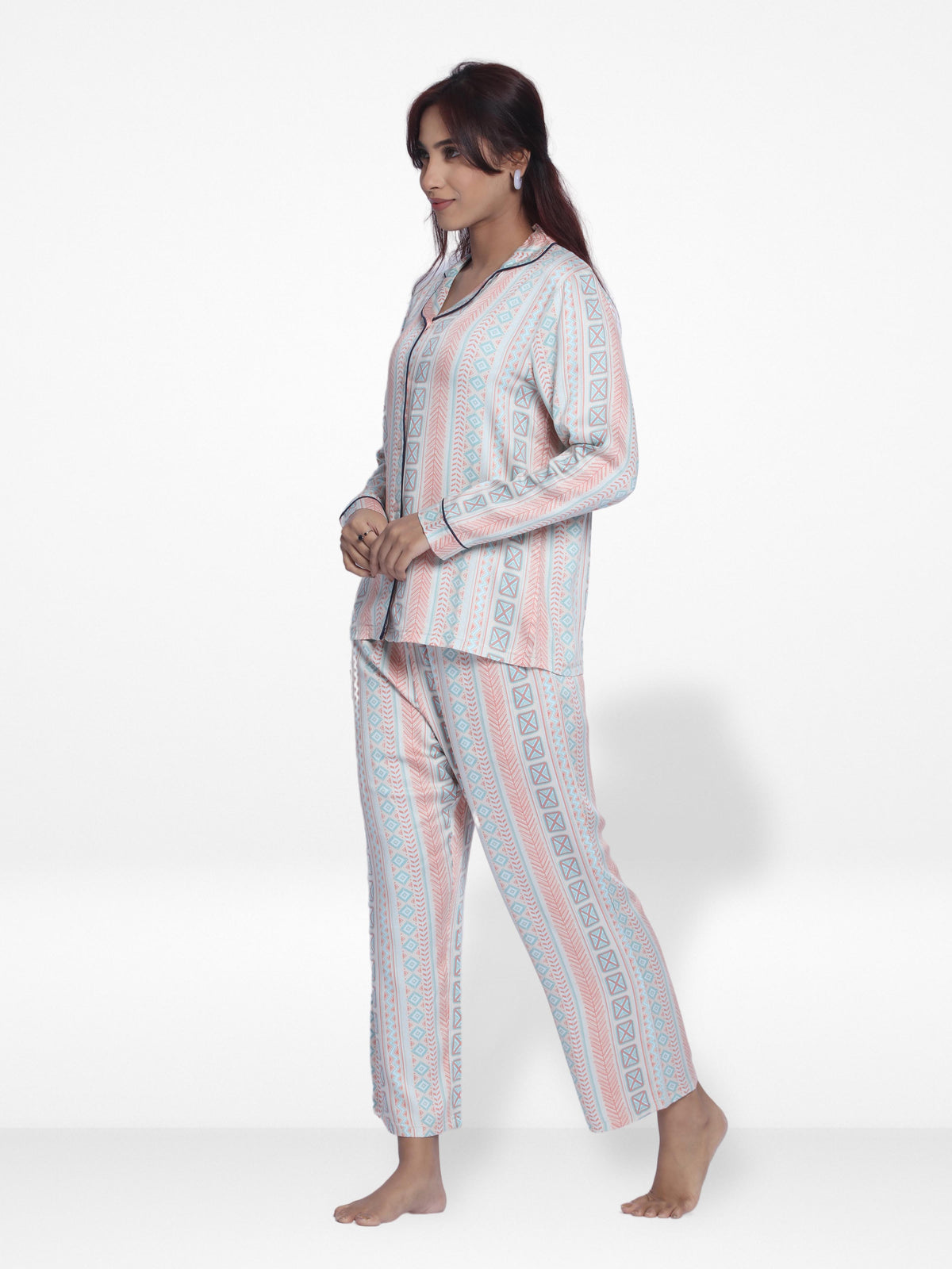 Women White MultistripSleepwear Long Sleeve Pyjama Set