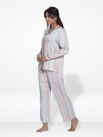 Women White MultistripSleepwear Long Sleeve Pyjama Set