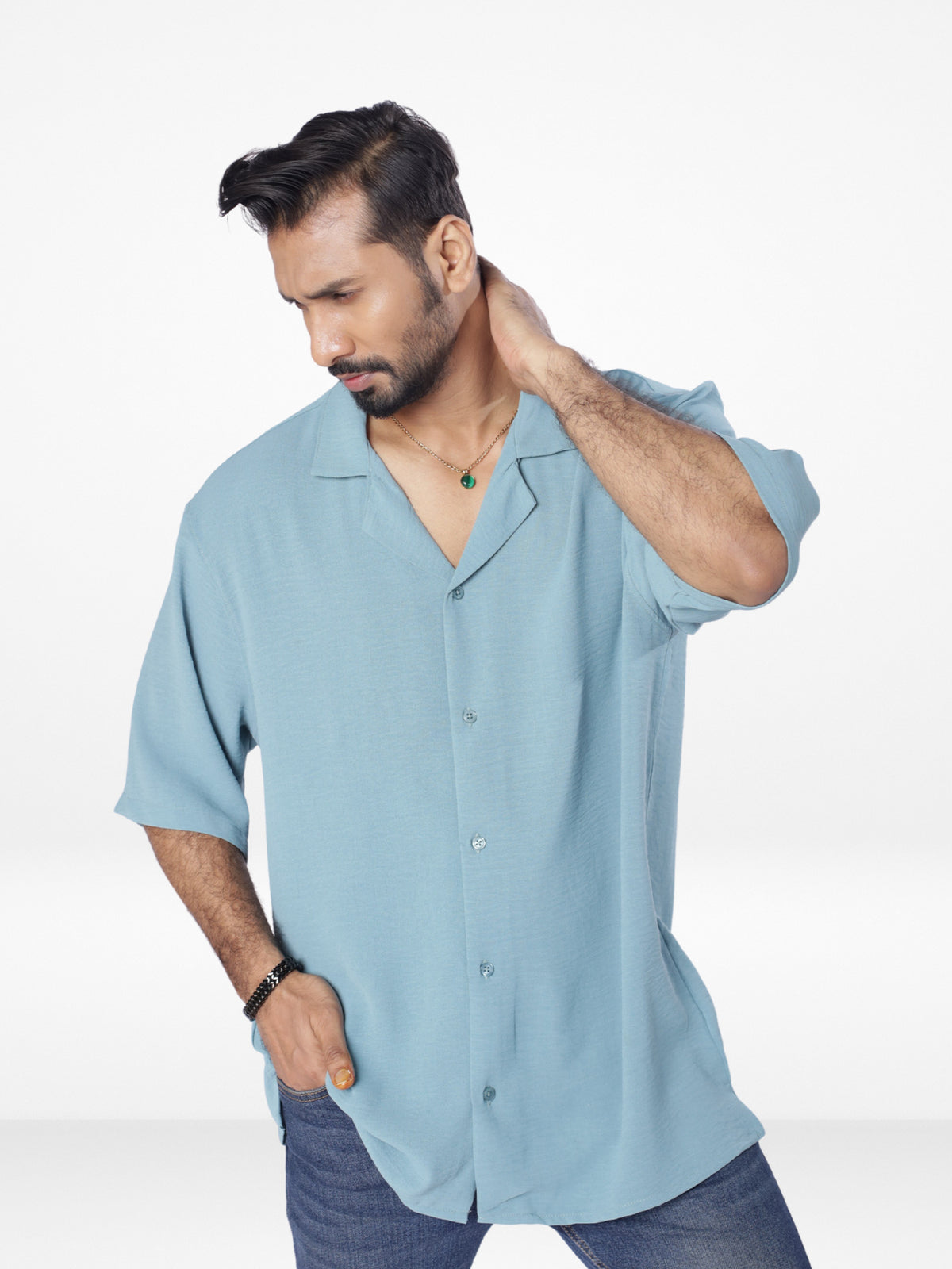 Men's Half-Sleeve Relaxed-Fit Casual Cuban Collar Shirt| POP GREEN