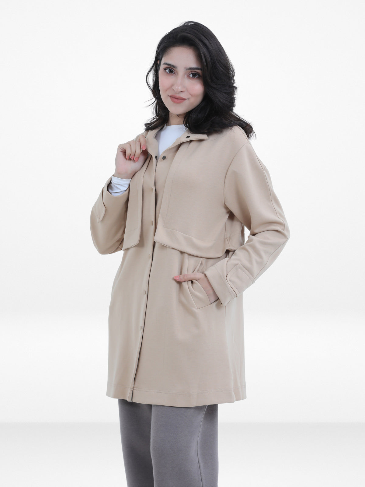 Women’s Soft Pastel Longline Hooded Jacket –Casual Outerwear with Snap Button Closure & Side Pockets