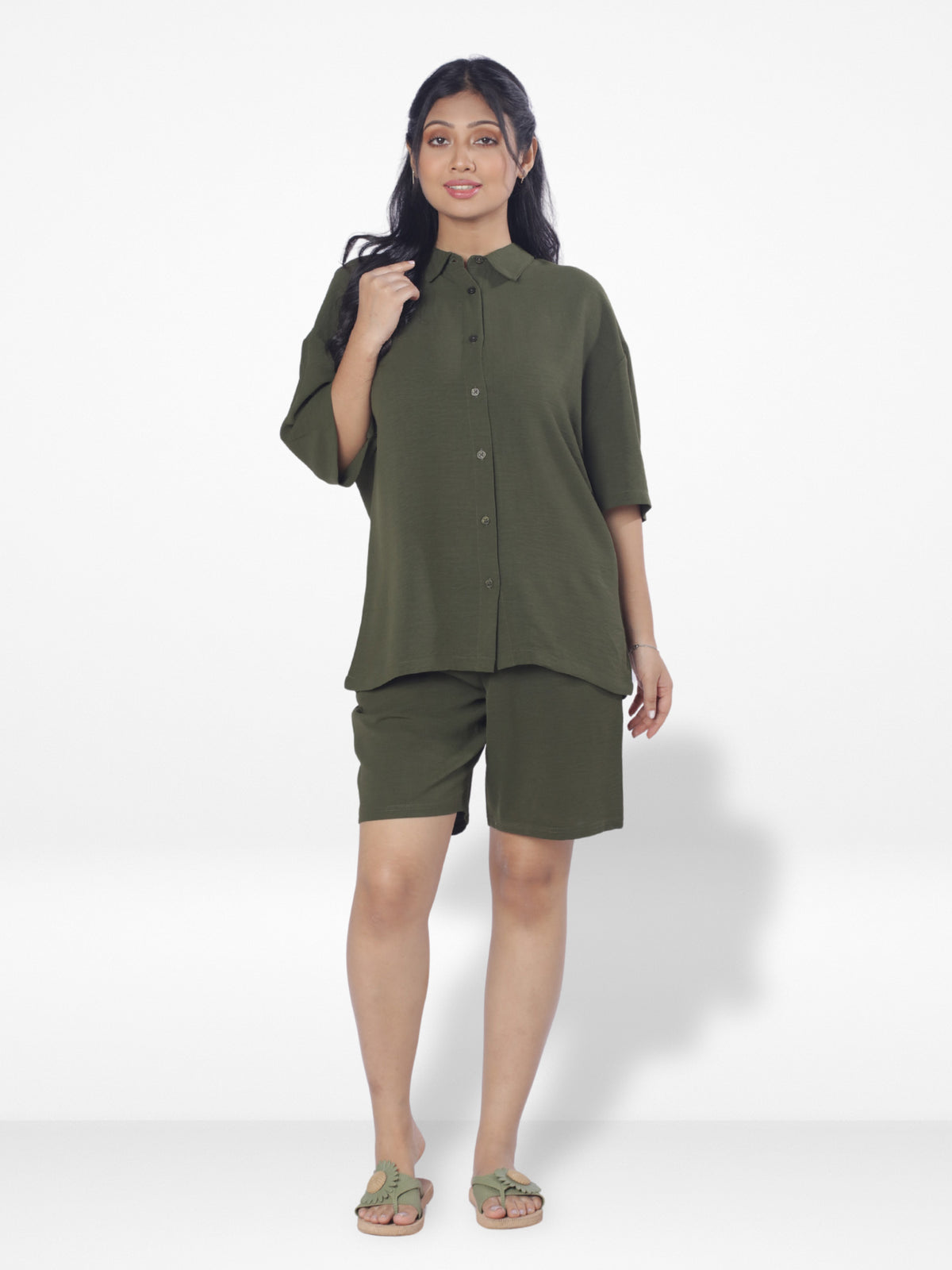 Women Solid Color Co-Ord Set| Short Sleeve| Olive