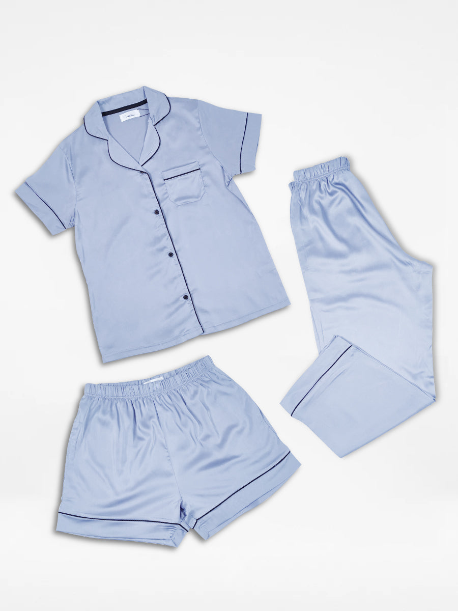 3pcs Women Satin Pajama Set. Contrast Piping, Notch Collar & Button Down.