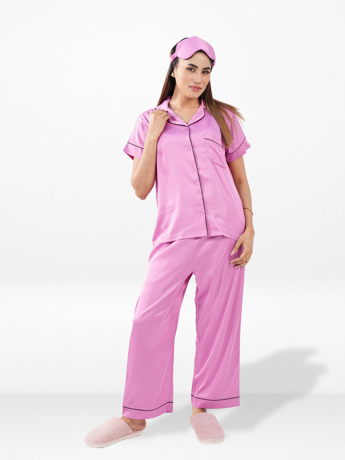 Satin Pajama Set for Women - Contrast Piping, Notch Collar, Button Down, Short Sleeve Long Pant