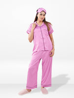 Satin Pajama Set for Women - Contrast Piping, Notch Collar, Button Down, Short Sleeve Long Pant