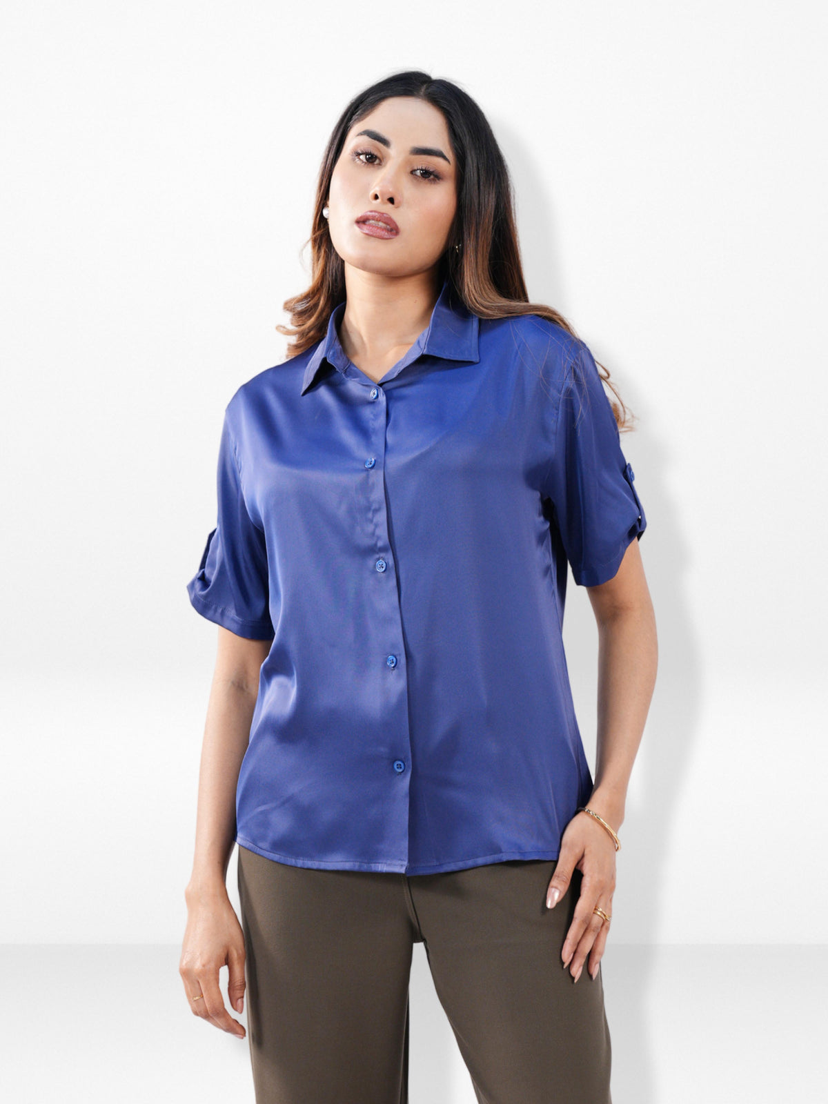 Women’s Short Sleeve Satin Shirt – Spread Collar Button-Down Top | Soft Shiny Formal & Casual Wear