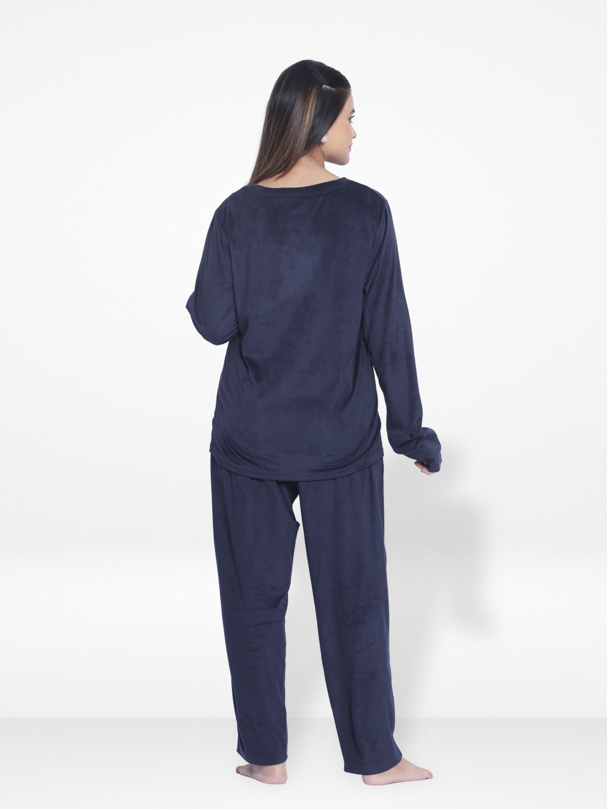 Women Velour Sleepwear Long Sleeve Pyjama Set Navy