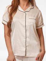 Satin Pajama Set for Women - Contrast Piping, Notch Collar, Button Down, Short Sleeve Long Pant