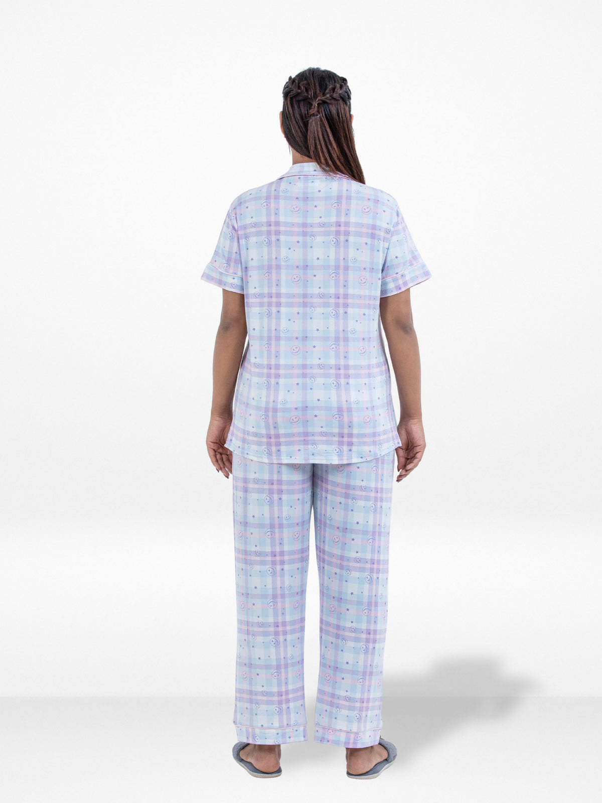 Women Pastel Plaid Printed Suit Shirt & Pyjama Set , Night wear Dress Women's Printed Night Suit Set Shirt & Pyjama | Soft Nightwear Dress, 2 Piece Sleepwear for Women,