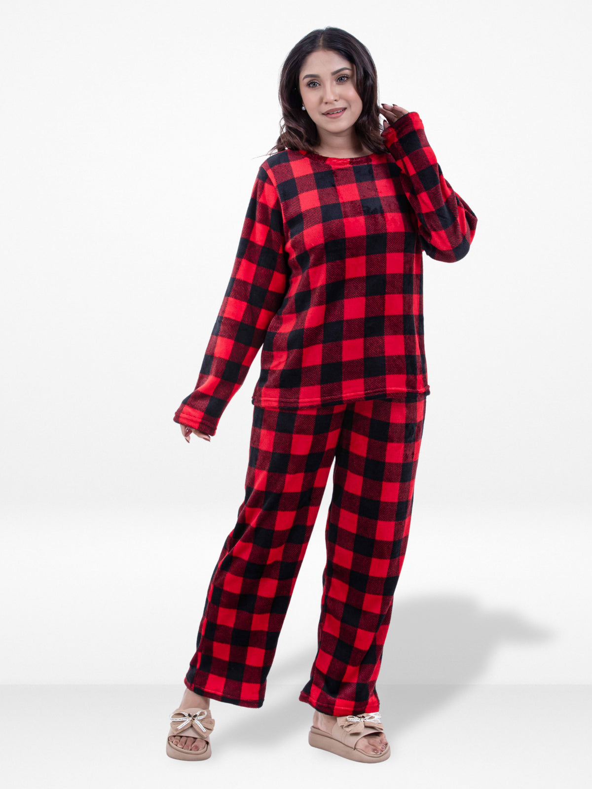 Women’s Red Check Printed Pyjama Set – Long Sleeve Top & Pants, Soft Comfortable Sleepwear, Cozy Winter Loungewear for Women