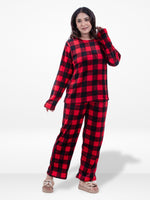 Women’s Red Check Printed Pyjama Set – Long Sleeve Top & Pants, Soft Comfortable Sleepwear, Cozy Winter Loungewear for Women