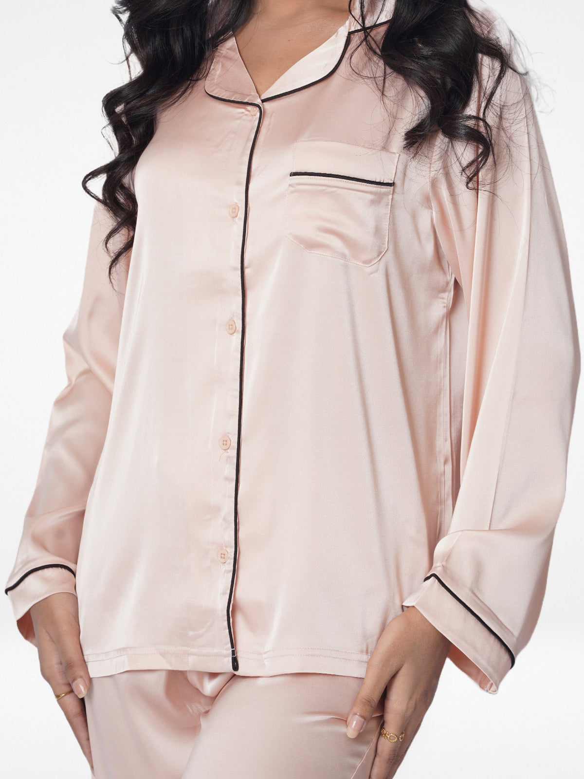 Satin Pajama Set for Women - Contrast Piping, Notch Collar, Button Down, Long Sleeve & Long Pant