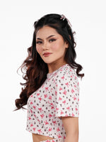 Womens All Over Printed Crop Top Crew Neck Half Sleeve Tee for Trendy Casual Wear - Egret