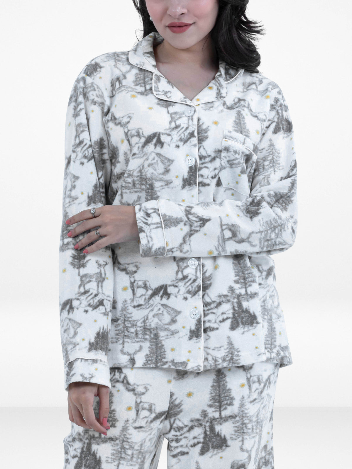 Women's All Over Christmas Tree Printed Pyjama Set – Micro Polar Fleece Long Sleeve 2-Piece Sleepwear, Soft & Warm Nightwear