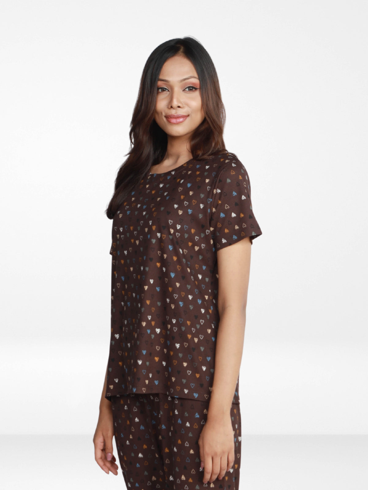 Women’s All Over Printed Short Sleeve Lounge Top | Soft Stretch Yummy Rib Fabric | Crew Neck Casual Sleepwear & Loungewear Top - Coffee