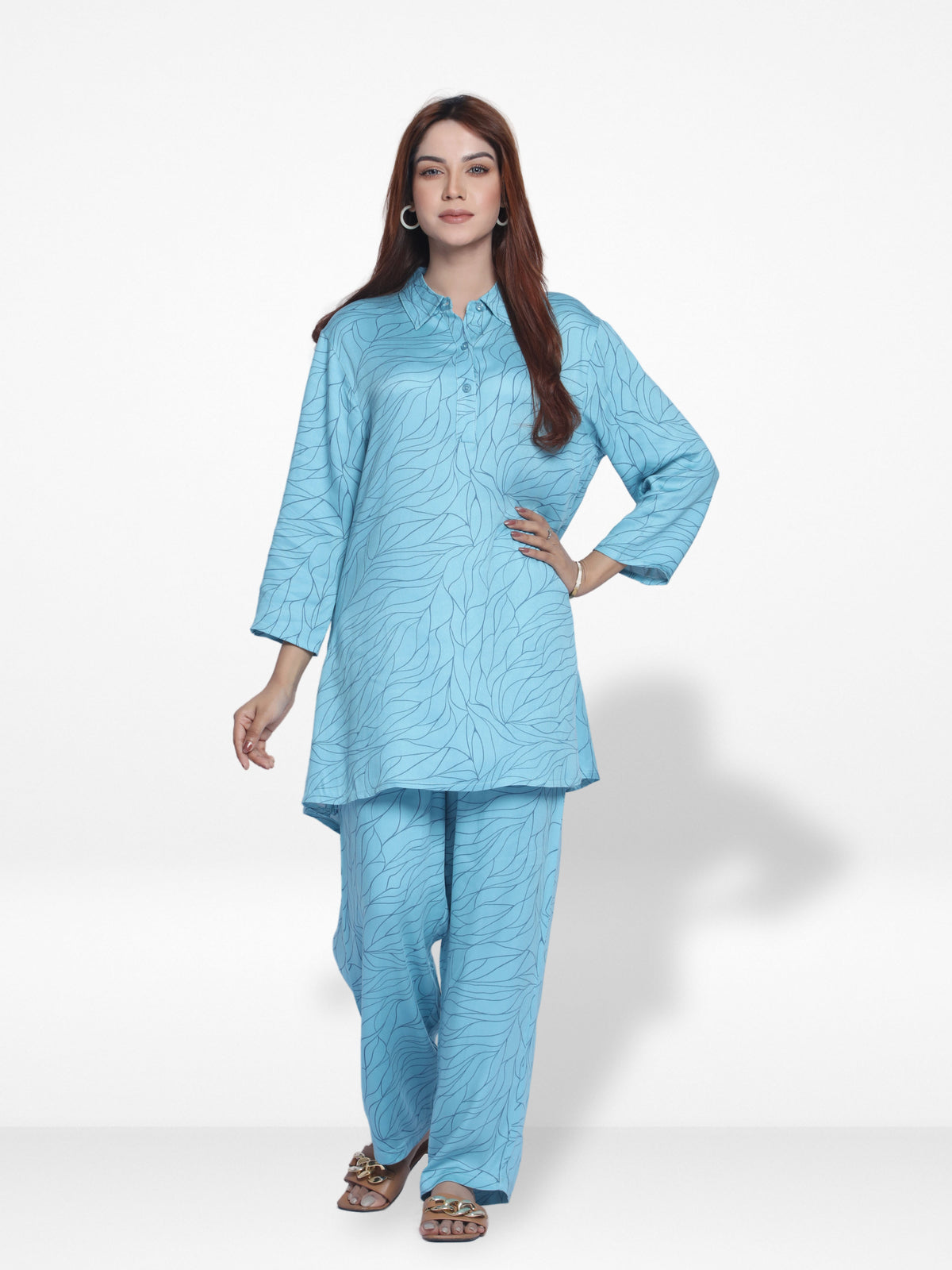 Women Ocean Blue Aop Print Co-Ord Set with Luxury Details