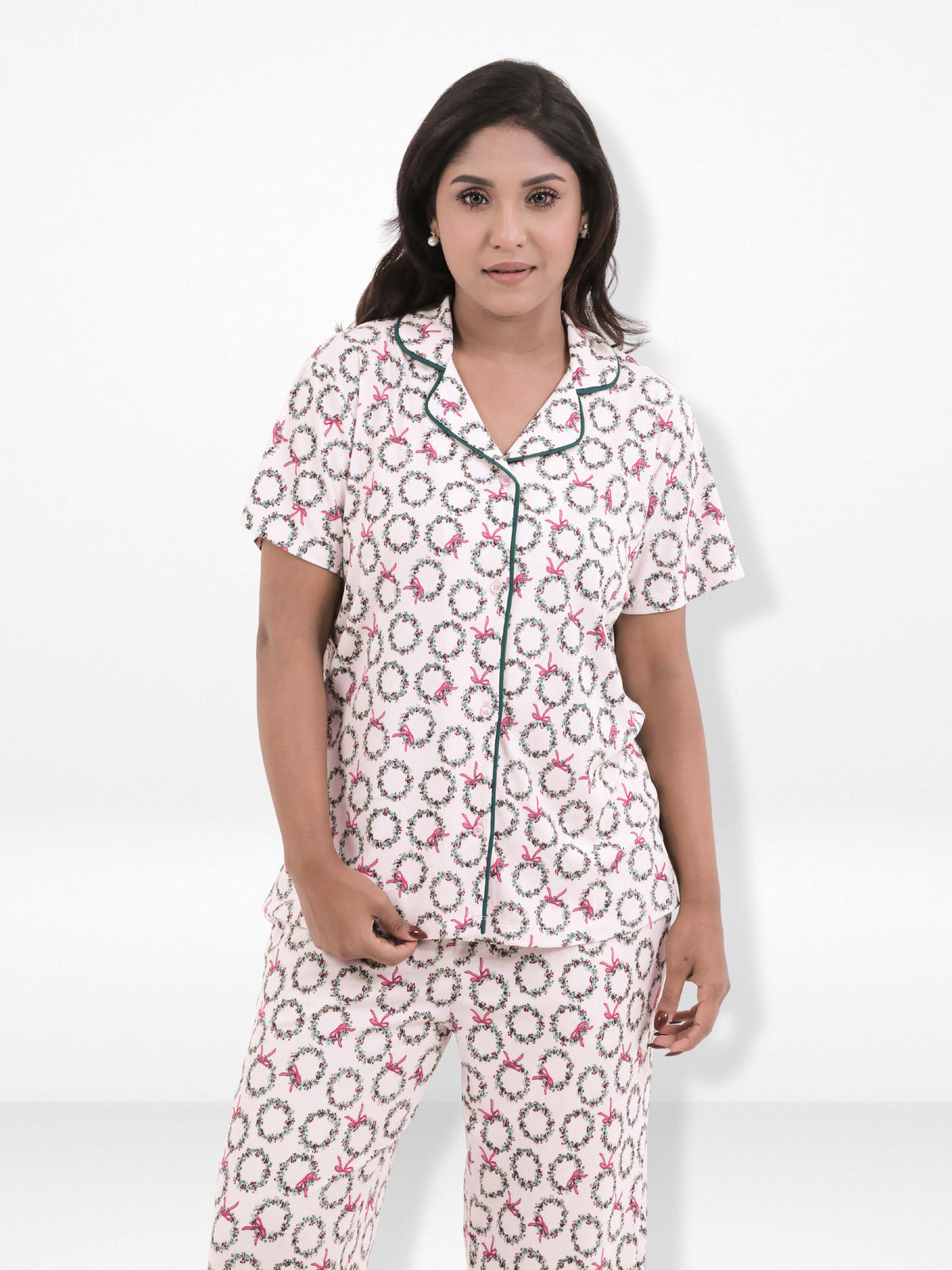 Women’s 3-Piece Pajama Set – Yummy Rib Fabric Sleepwear with Contrast Piping, Notch Collar & Button Down Top,