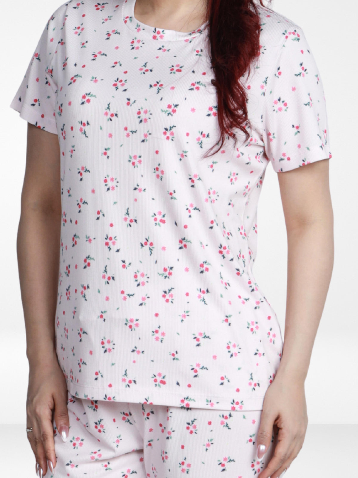 Women’s All Over Printed Short Sleeve Lounge Top | Soft Stretch Yummy Rib Fabric | Crew Neck Casual Sleepwear & Loungewear Top - Pink
