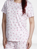 Women’s All Over Printed Short Sleeve Lounge Top | Soft Stretch Yummy Rib Fabric | Crew Neck Casual Sleepwear & Loungewear Top - Pink