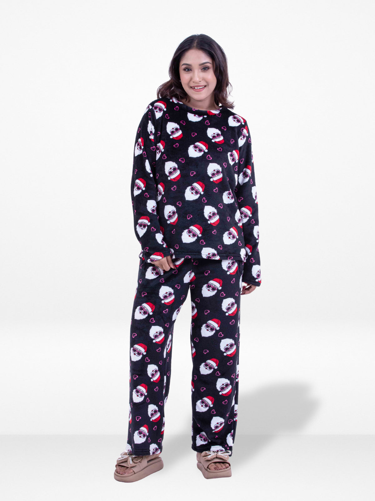 Women’s Black Santa Printed Pyjama Set – Long Sleeve Sleepwear | Cozy Winter Loungewear for Women
