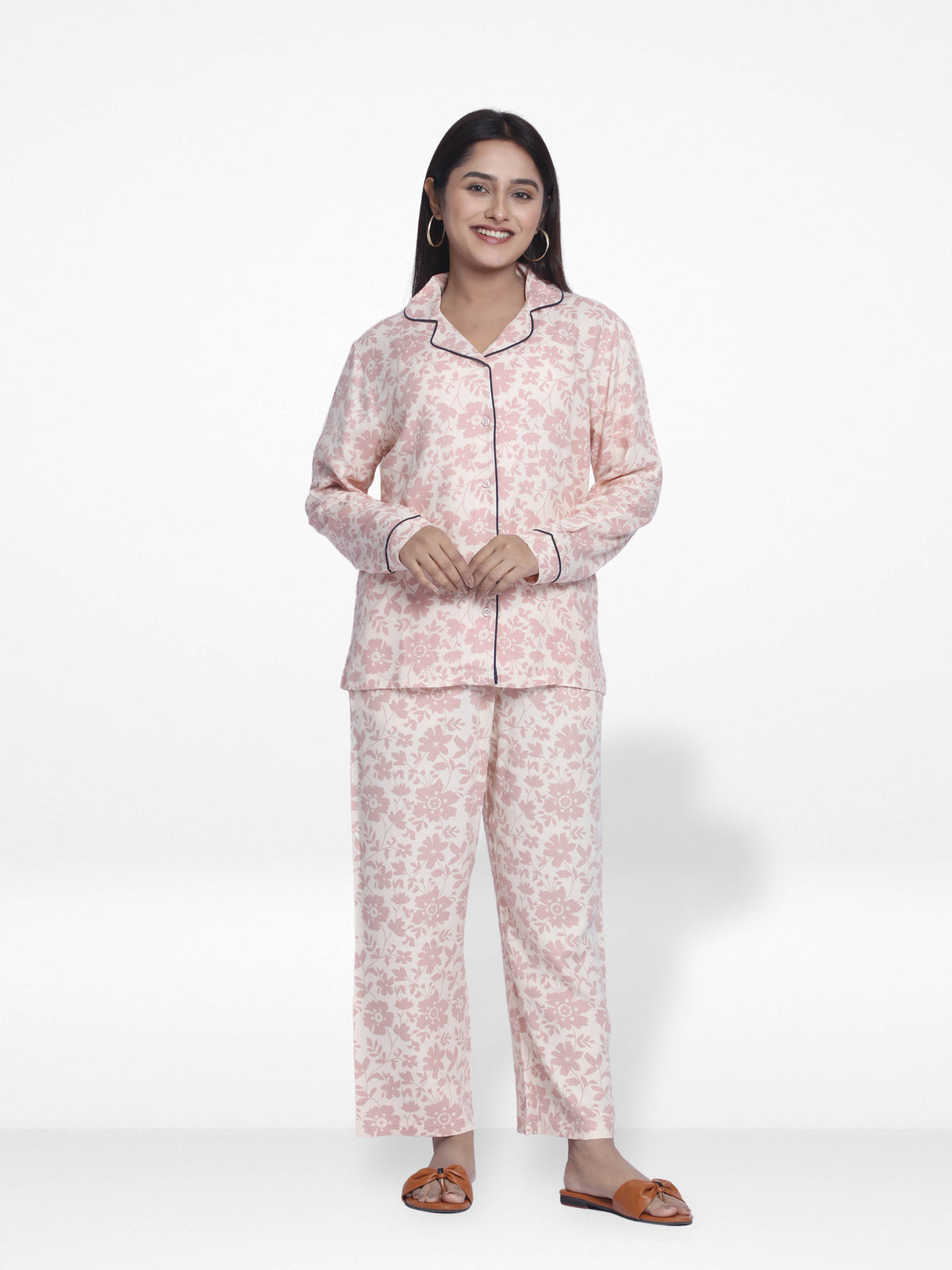 Women Warm Grey FloralSleepwear Long Sleeve Pyjama Set