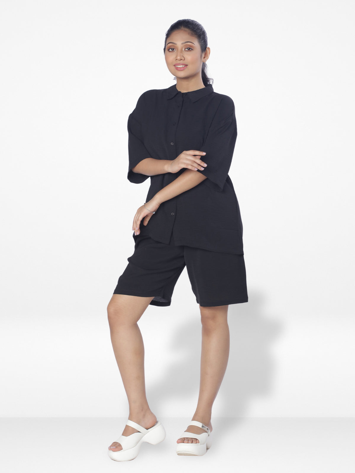 Women Solid Color Co-Ord Set| Short Sleeve| Black