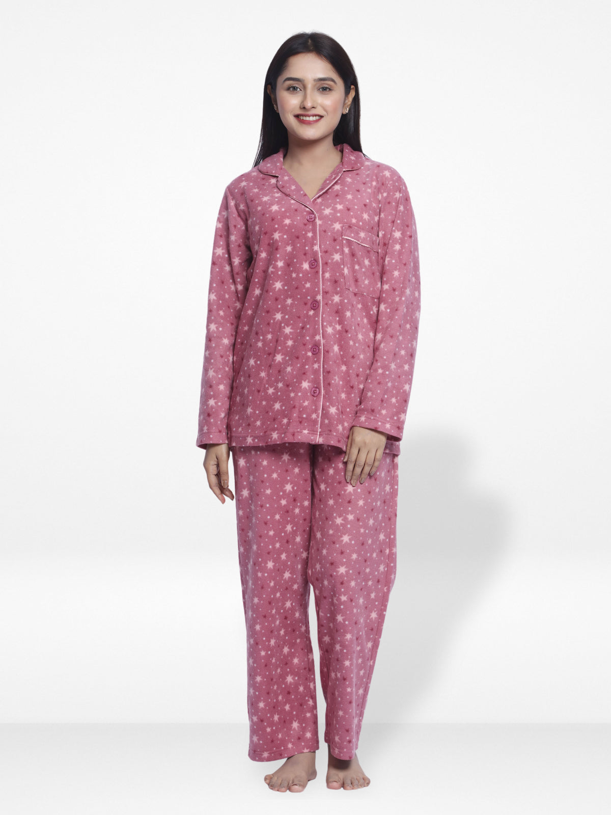 Women Micro Polar Fleece Star Print Sleepwear Long Sleeve Pyjama Set