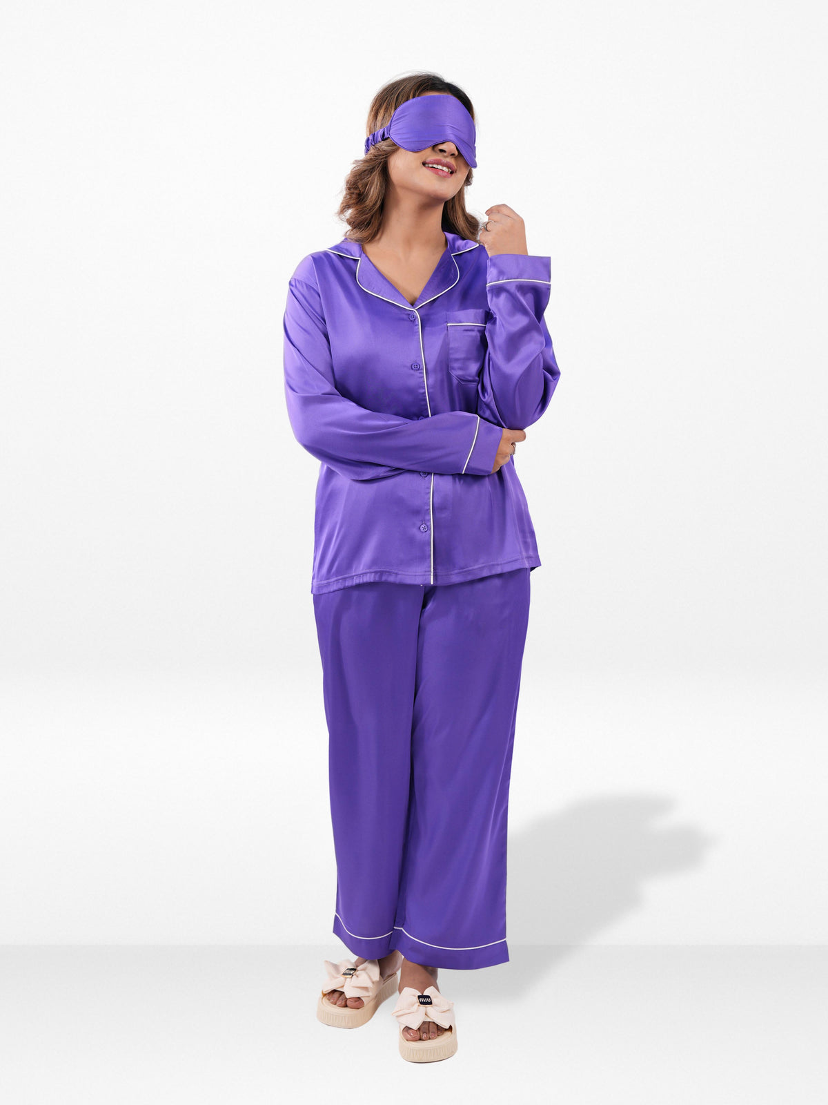 Satin Pajama Set for Women - Contrast Piping, Notch Collar, Button Down, Long Sleeve Long Pant