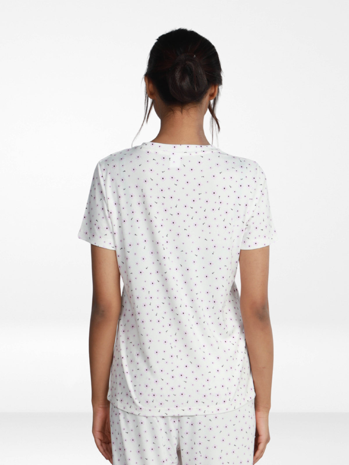 Women’s All Over Printed Short Sleeve Lounge Top | Soft Stretch Yummy Rib Fabric | Crew Neck Casual Sleepwear & Loungewear Top - White