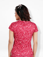 Women’s Short Sleeve Button-Down Top | Printed Sleepwear Shirt | Soft & Stretchy Yummy Rib Fabric | Lounge Top - Crimson