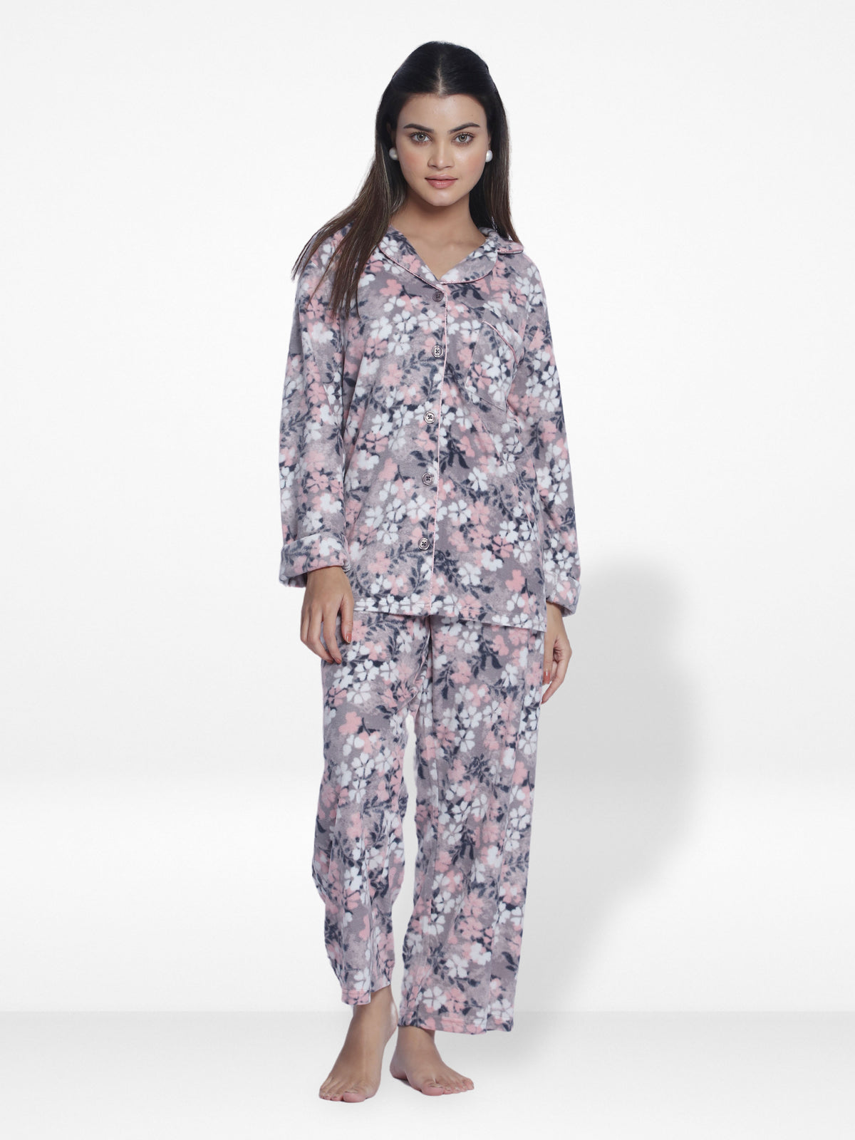 WomenMicro Polar Fleece Grey floral print Sleepwear Long Sleeve Pyjama Set