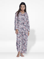 WomenMicro Polar Fleece Grey floral print Sleepwear Long Sleeve Pyjama Set