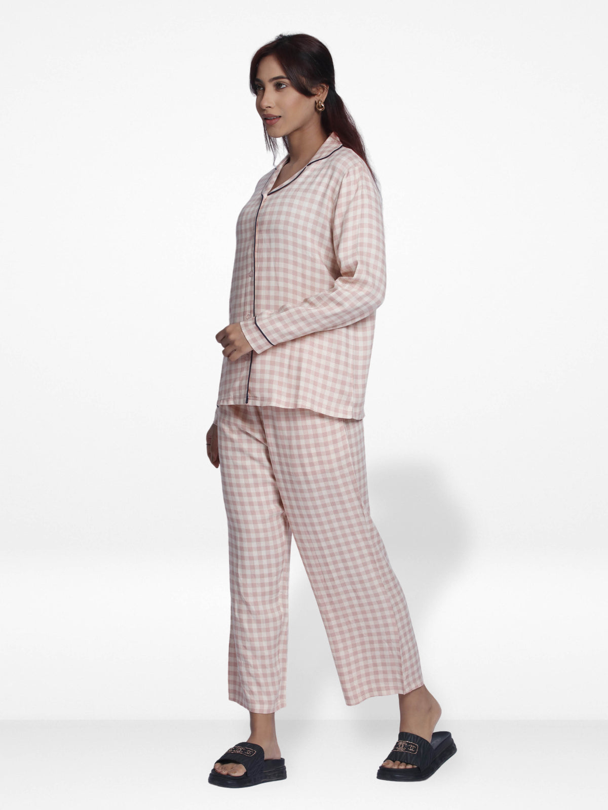 Women Warm Grey CheckSleepwear Long Sleeve Pyjama Set