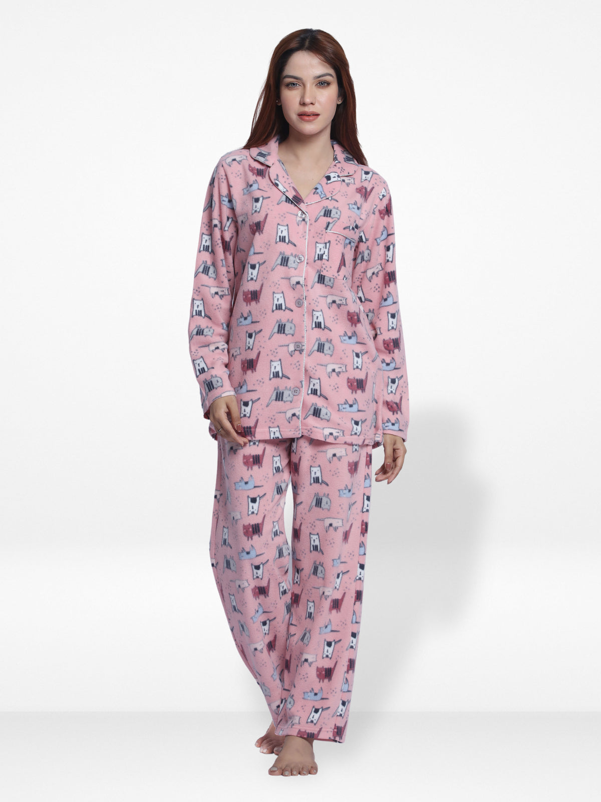 WomenMicro Polar Fleece Pink Cat print Sleepwear Long Sleeve Pyjama Set