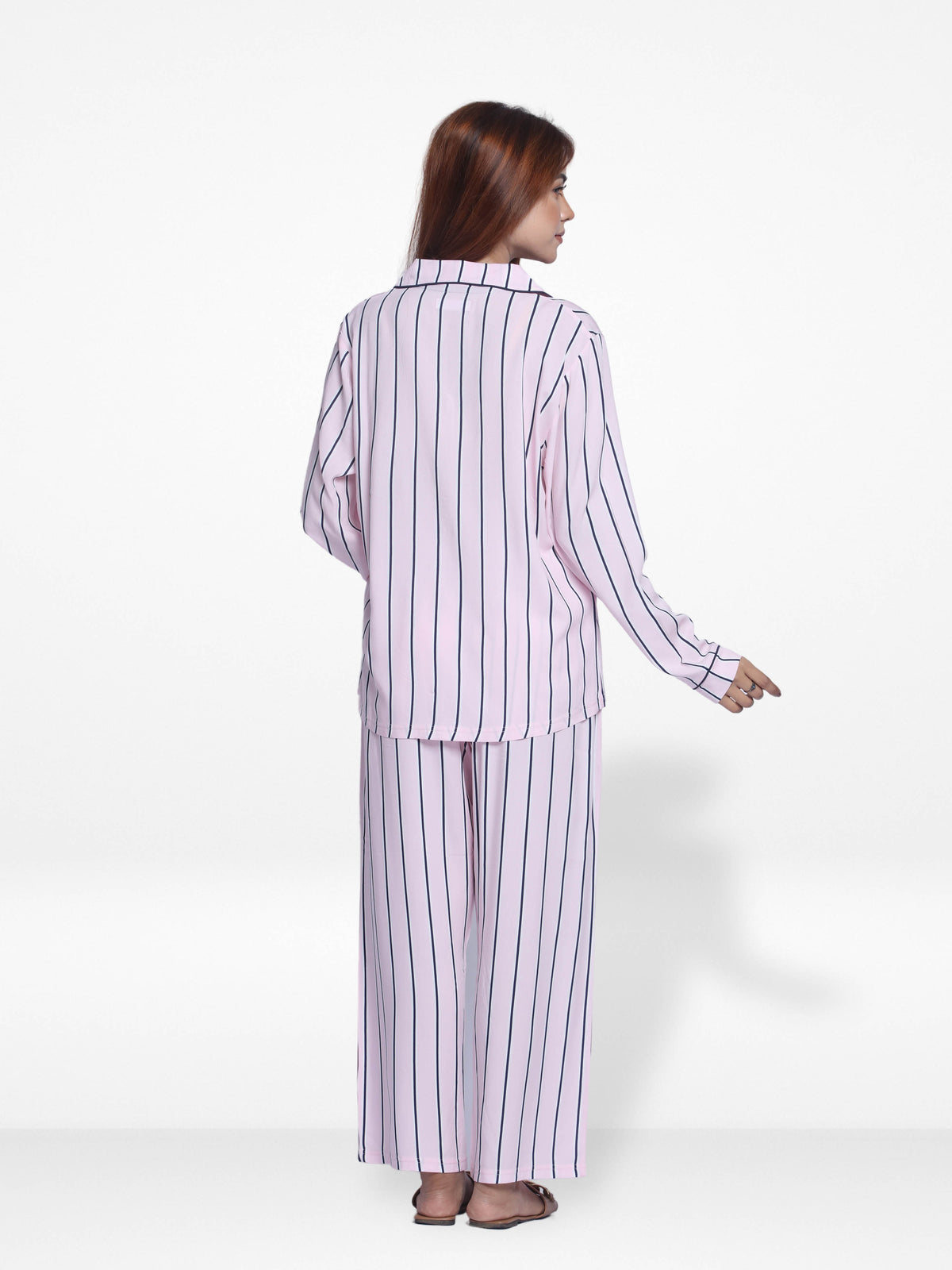 Women Pink Stripe Sleepwear Long Sleeve Pyjama Set