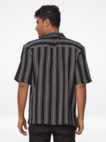 Men's Half-Sleeve Relaxed-Fit Casual Cuban Collar Shirt Black Stripes
