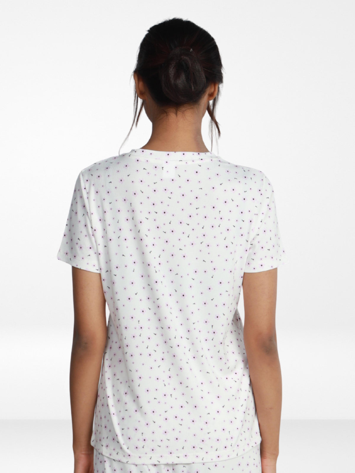 Women’s All Over Printed Short Sleeve Lounge Top | Soft Stretch Yummy Rib Fabric | Crew Neck Casual Sleepwear & Loungewear Top - White