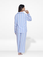 Women Blue Stripe Sleepwear Long Sleeve Pyjama Set