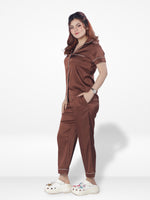 Satin Pajama Set for Women - Contrast Piping, Notch Collar, Button Down, Short Sleeve Long Pant