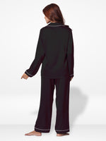 Satin Pajama Set for Women - Contrast Piping, Notch Collar, Button Down, Long Sleeve & Long Pant