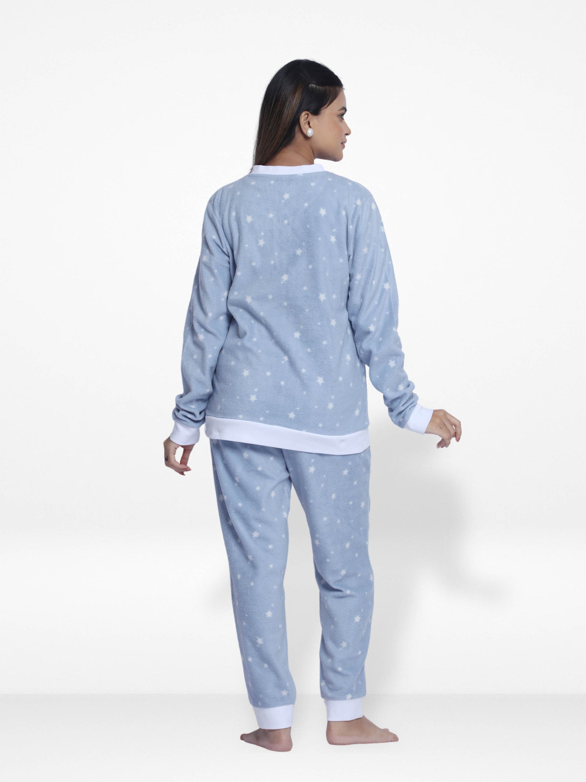 Women Micro Polar Fleece Sleepwear Long Sleeve Blue Star printed Pyjama Set