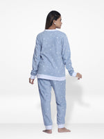 Women Micro Polar Fleece Sleepwear Long Sleeve Blue Star printed Pyjama Set