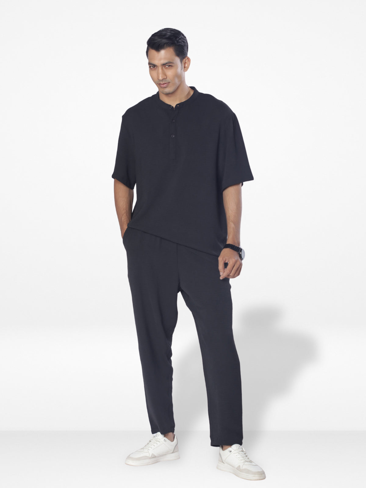 Men's Short Sleeve Shirt & Long Pant Set|Black