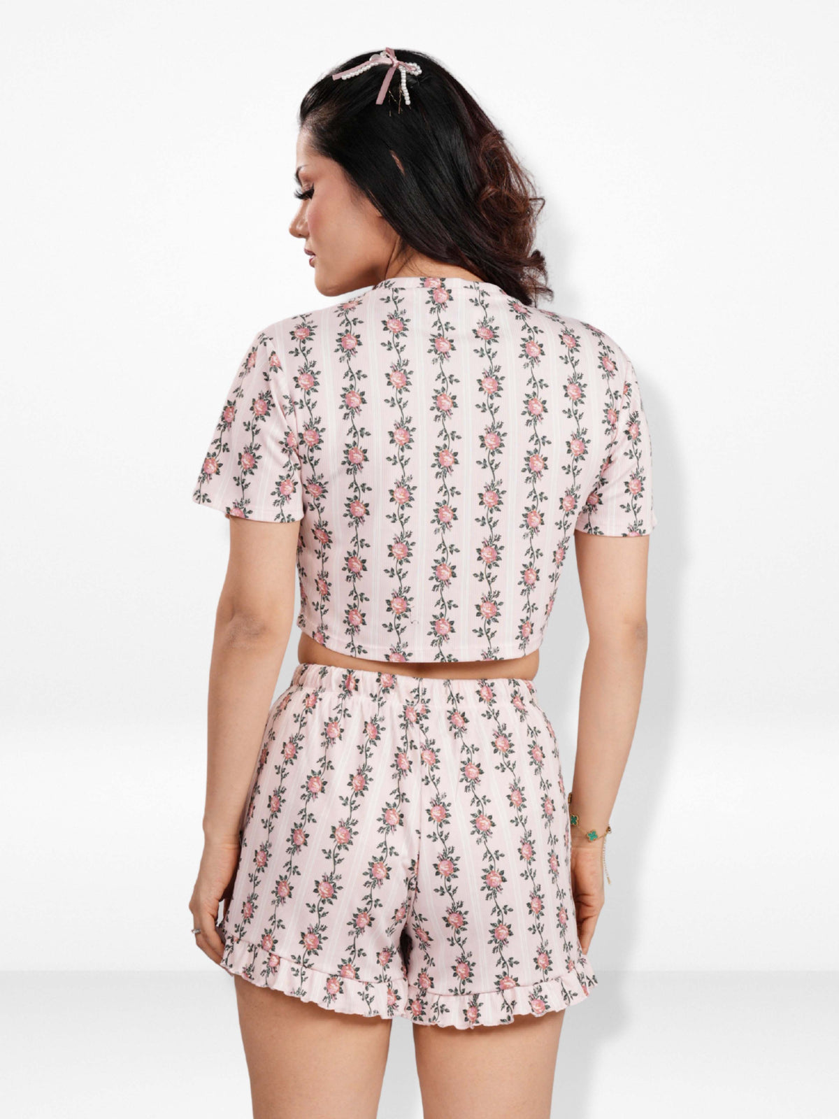 Women’s All Over Printed Crop Top Set – Crew Neck Half Sleeve Tee & Matching Bottom | Trendy Casual Two-Piece Wear