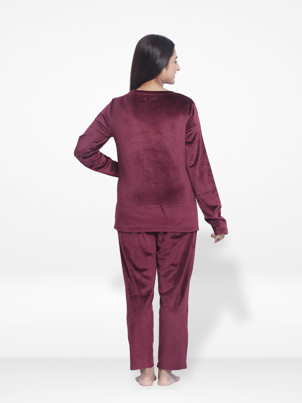Women Velour Sleepwear Long Sleeve Pyjama Set Wine