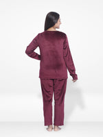 Women Velour Sleepwear Long Sleeve Pyjama Set Wine