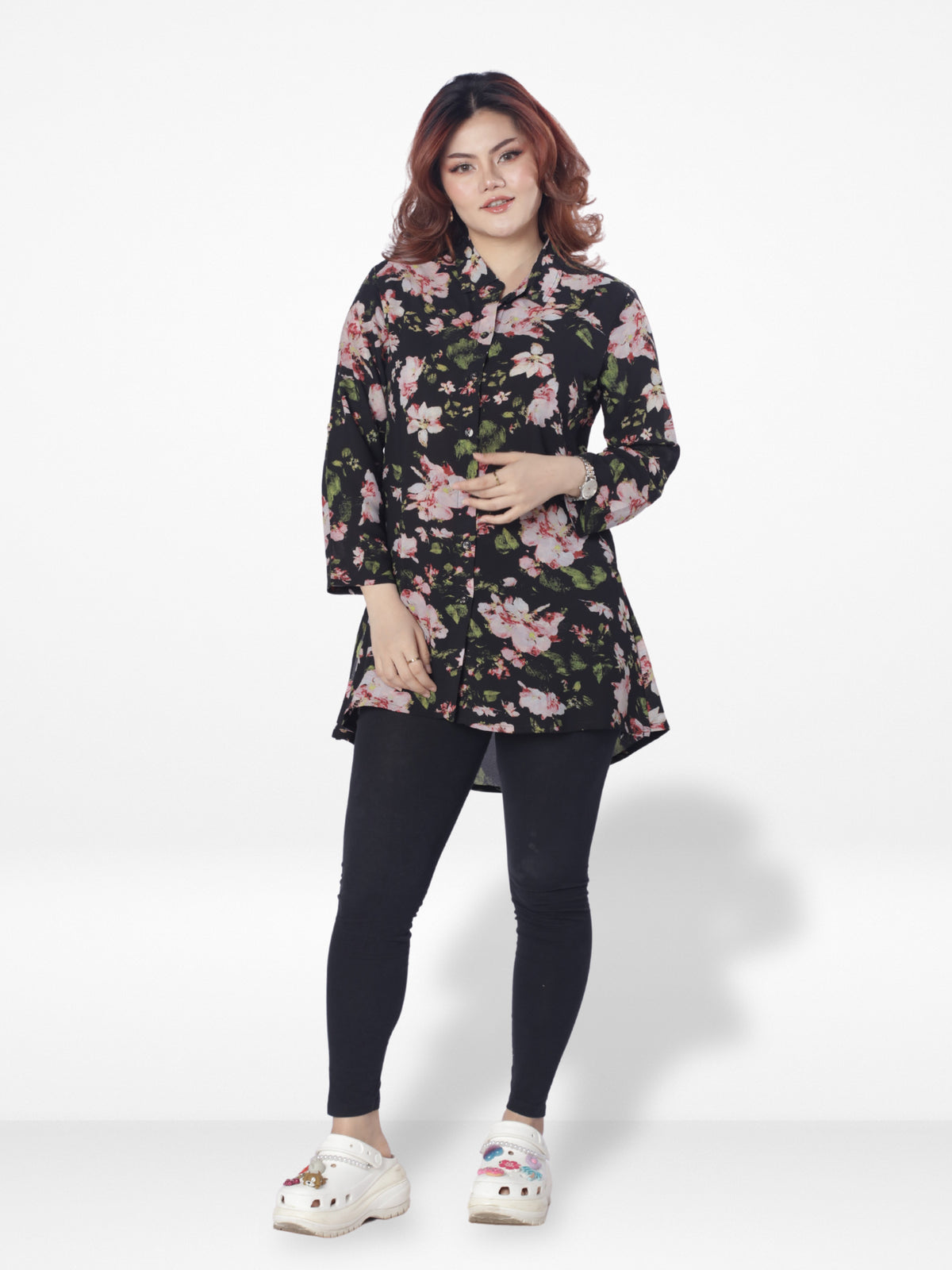 Women Black All Over Print Long Top| Black